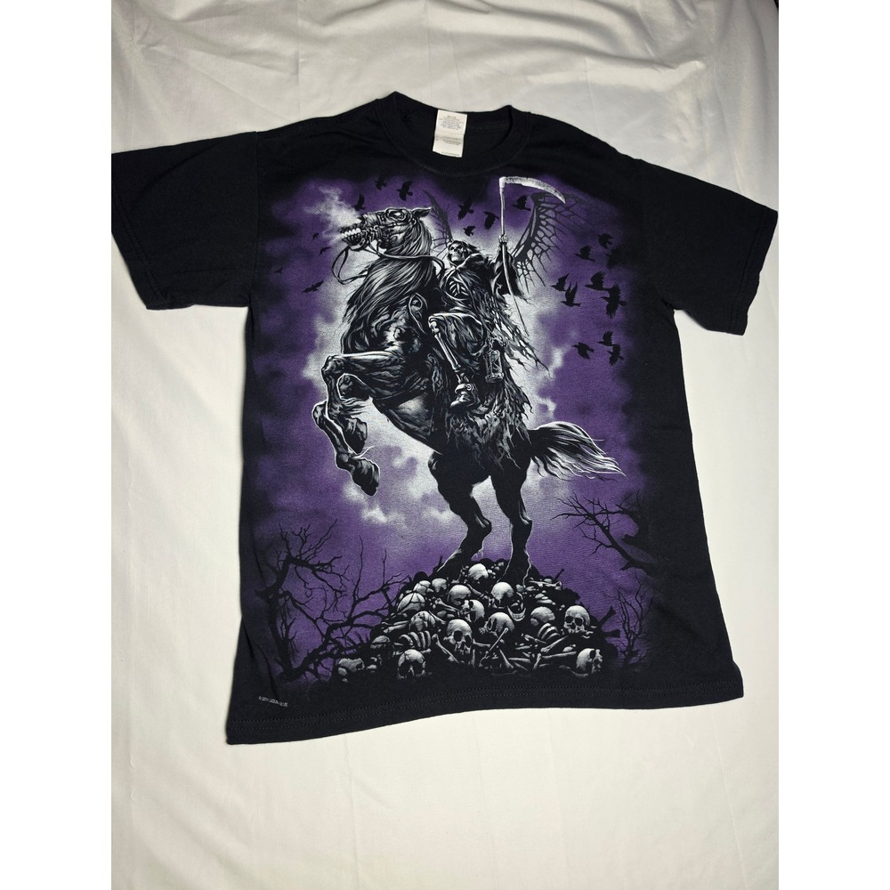 Liquid Blue Grim Reaper Skeleton Horse Skull Graphic Tee Black Purple Mens S